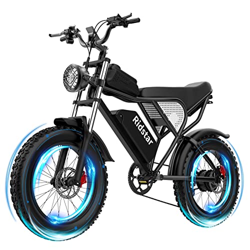 Ridstar Electric Bike for Adults, 20" Fat Tire Electric Motorcycle for Adults, 1000W 30MPH Electric Mountain Bike with Removable 48V20Ah Battery E-Bike Shamano 7 Full Suspension, Black