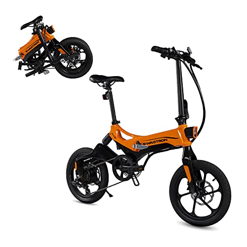 Swagtron Swagcycle EB-7 Elite Plus Folding Electric Bike with Removable Battery, Orange/Black, 16" Wheels, 7-Speed