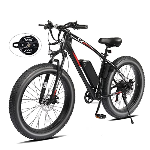 OWNPET Electric Bike for Adult, 26" 500W Fat Tire Electric Mountain Bike EBike 48V 13AH Removable Battery, 20MPH Adult Electric Bicycle Lockable Suspension Fork, Beach Snow E-Bike 7 Speed