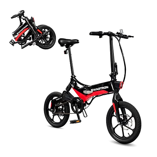 Swagtron Swagcycle EB-7 Elite Folding Electric Bike with Removable Battery and Rear Suspension, Red/Black, 16" Wheels