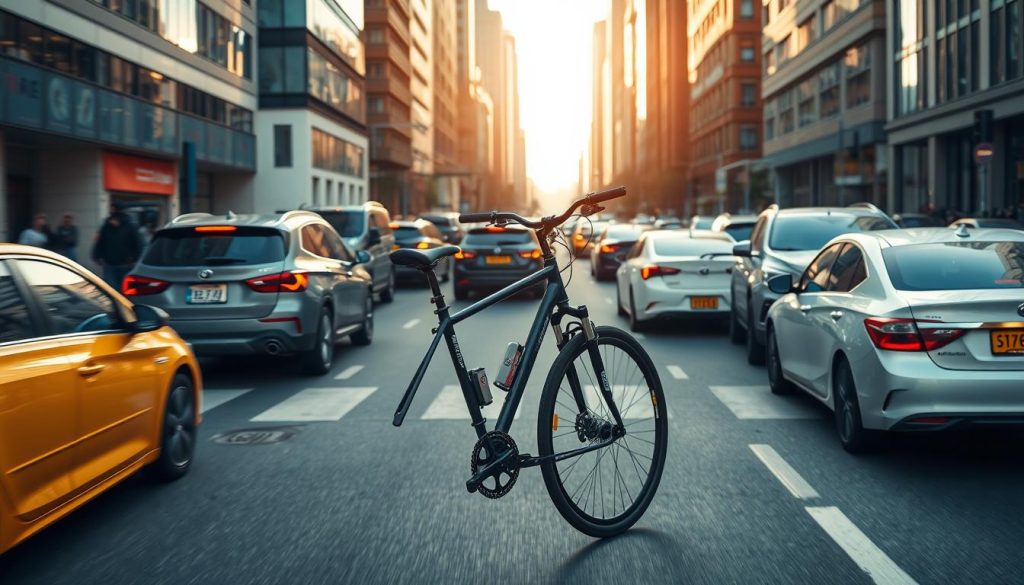 Urban commuter bike in city traffic